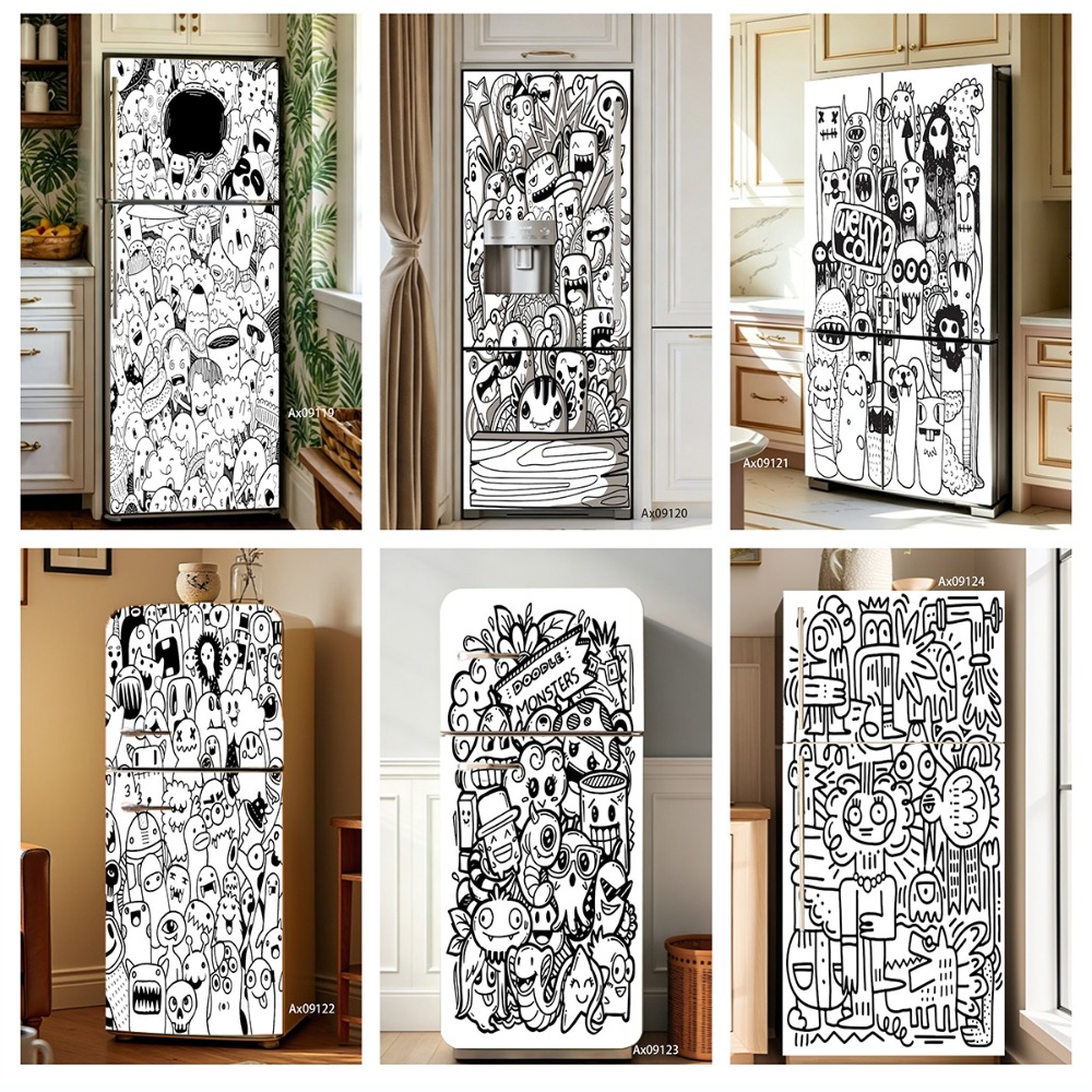 Full Cover Adhesive - Schwarz-weißer Line-Art-Doodle-Monster-Kühlschrankaufkleber, vollflächige Tapete, selbstklebender Aufkleber